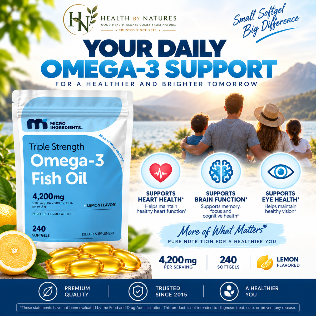 Micro Ingredients Omega-3 Fish Oil Triple Strength 4.200mg | EPA 1.200mg + DHA 900mg | 240 Softgels Lemon Flavored