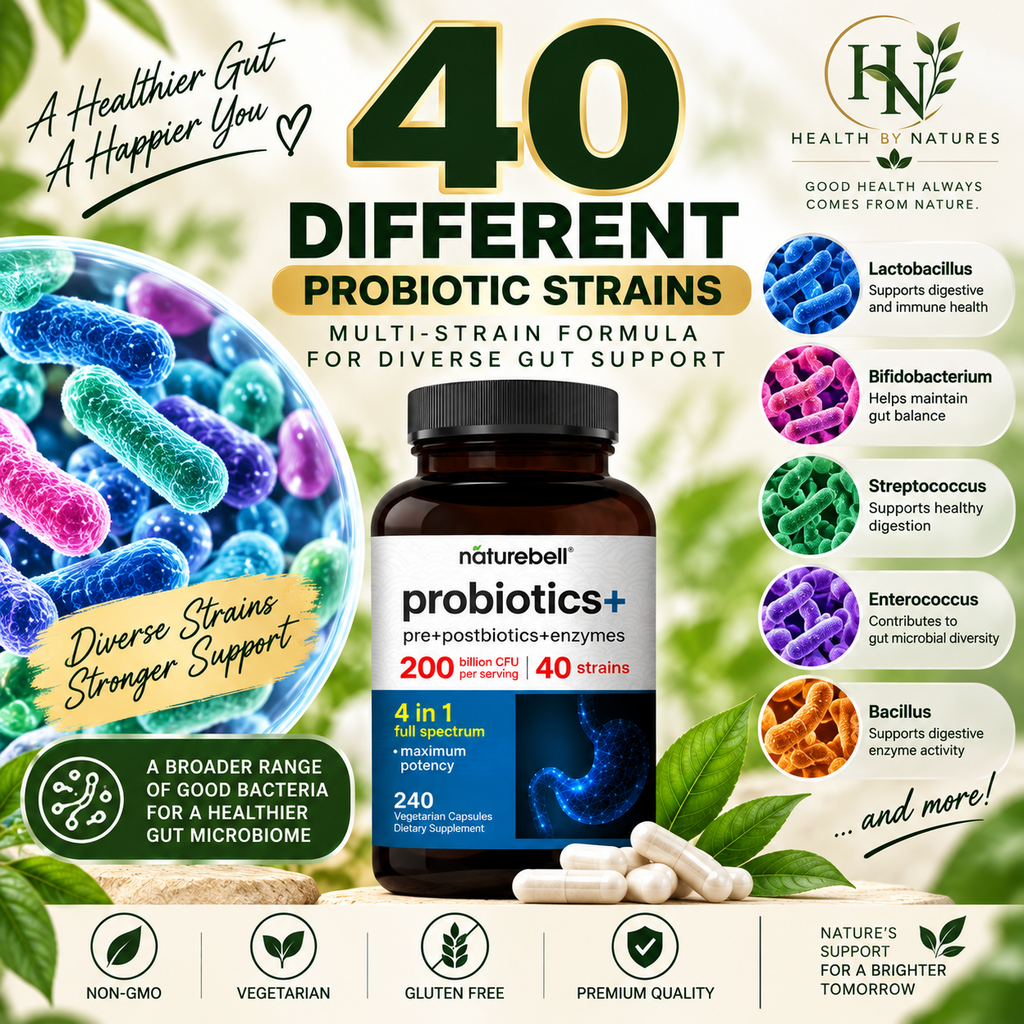 NatureBell Probiotics+ 200 Billion CFU 40 Strains | 240 Vegetarian Capsules | 4-in-1 Probiotic + Prebiotic + Postbiotic + Enzymes
