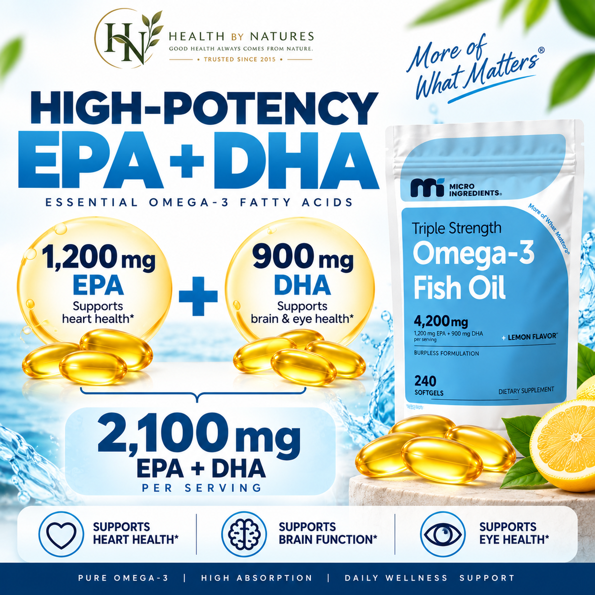 Micro Ingredients Omega-3 Fish Oil Triple Strength 4.200mg | EPA 1.200mg + DHA 900mg | 240 Softgels Lemon Flavored