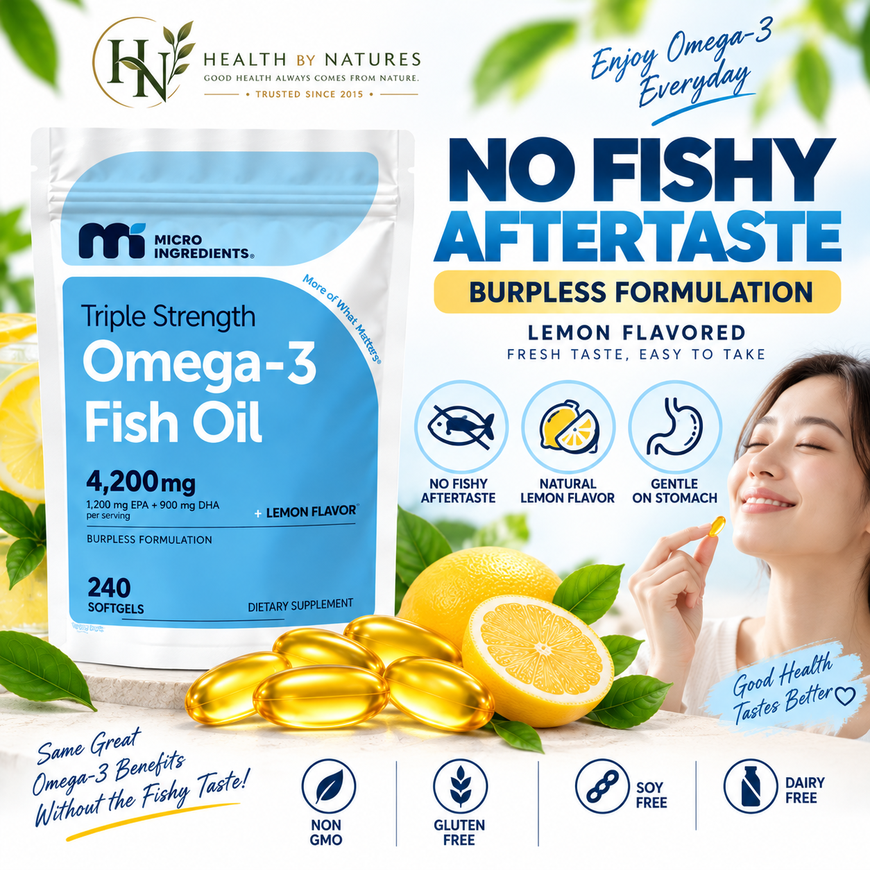 Micro Ingredients Omega-3 Fish Oil Triple Strength 4.200mg | EPA 1.200mg + DHA 900mg | 240 Softgels Lemon Flavored