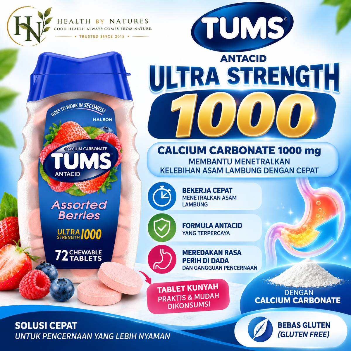 TUMS Antacid Ultra Strength 1000 72 Tablet Kunyah | untuk Heartburn & Asam Lambung