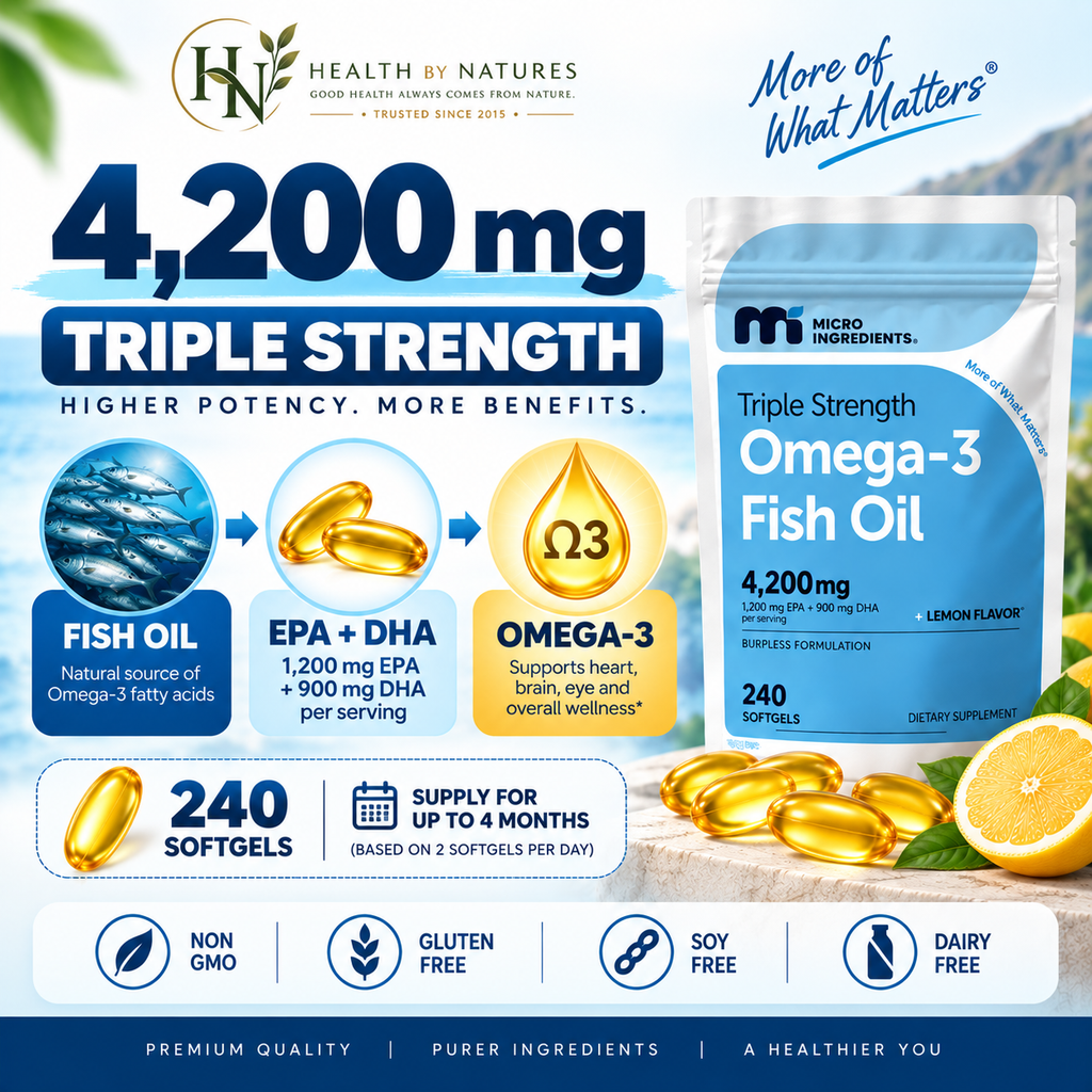 Micro Ingredients Omega-3 Fish Oil Triple Strength 4.200mg | EPA 1.200mg + DHA 900mg | 240 Softgels Lemon Flavored