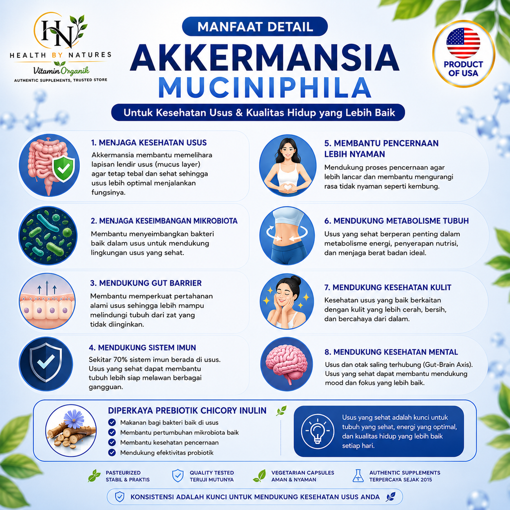 Probiotik probiotic Akkermansia Muciniphila 2 Billion TFUs | Membantu Menjaga Kesehatan Usus dan Keseimbangan Mikrobiota | meningkatkan imun tubuh | Chicory Inulin | 60 Veggie Capsules