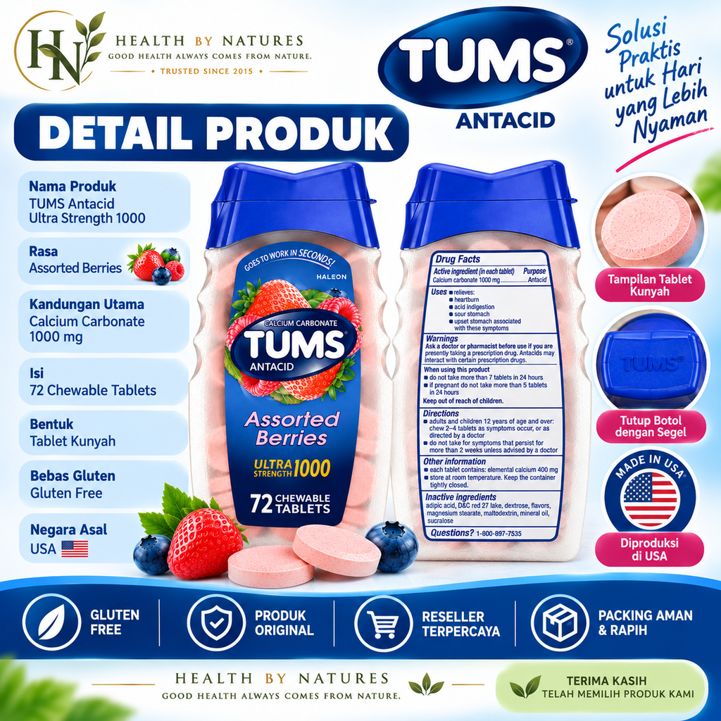 TUMS Antacid Ultra Strength 1000 72 Tablet Kunyah | untuk Heartburn & Asam Lambung