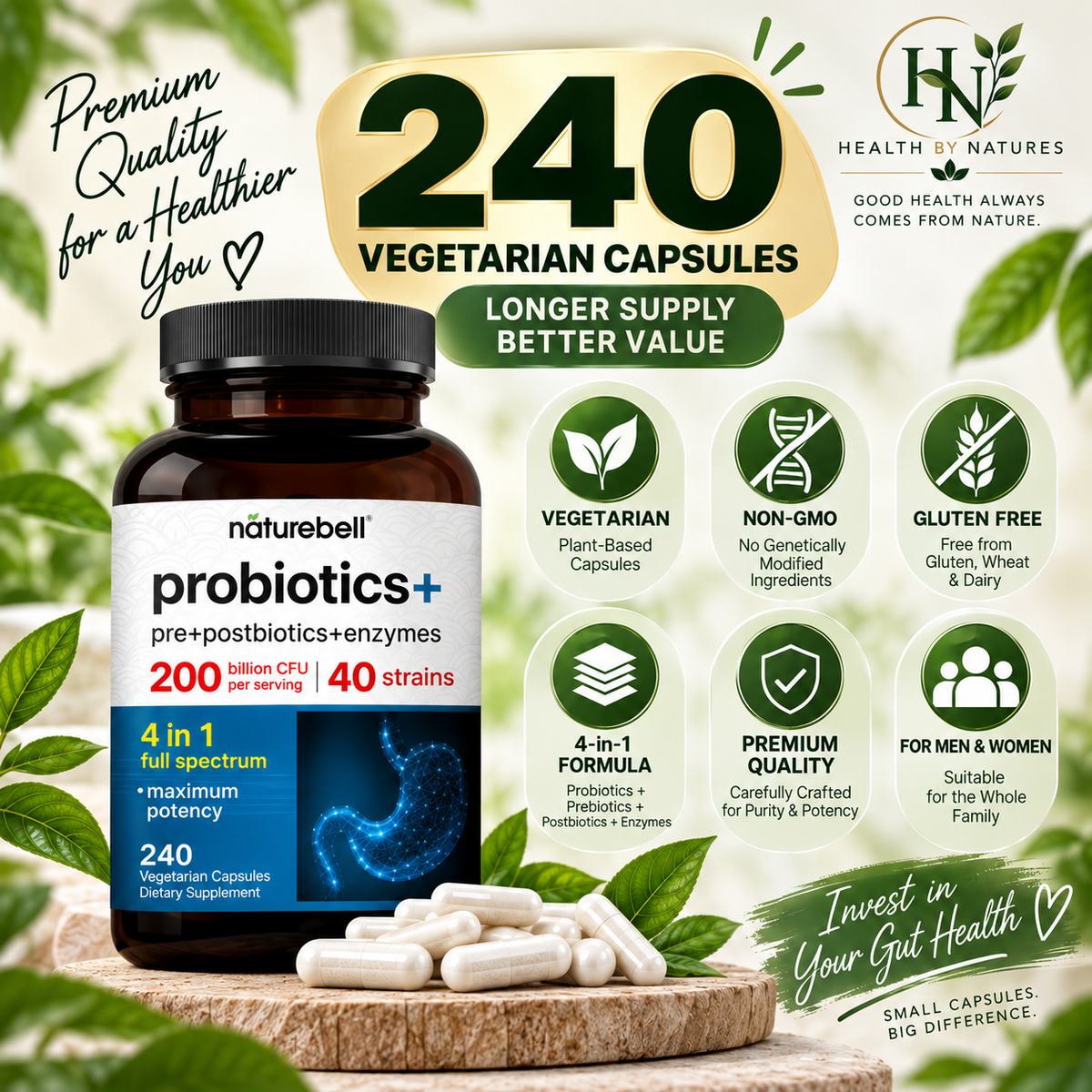 NatureBell Probiotics+ 200 Billion CFU 40 Strains | 240 Vegetarian Capsules | 4-in-1 Probiotic + Prebiotic + Postbiotic + Enzymes