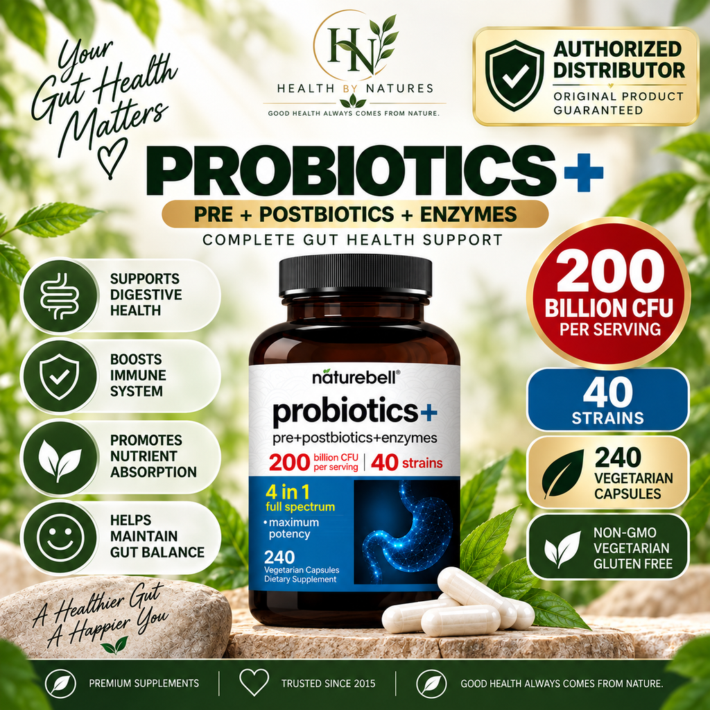 NatureBell Probiotics+ 200 Billion CFU 40 Strains | 240 Vegetarian Capsules | 4-in-1 Probiotic + Prebiotic + Postbiotic + Enzymes