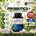 NatureBell Probiotics+ 200 Billion CFU 40 Strains | 240 Vegetarian Capsules | 4-in-1 Probiotic + Prebiotic + Postbiotic + Enzymes