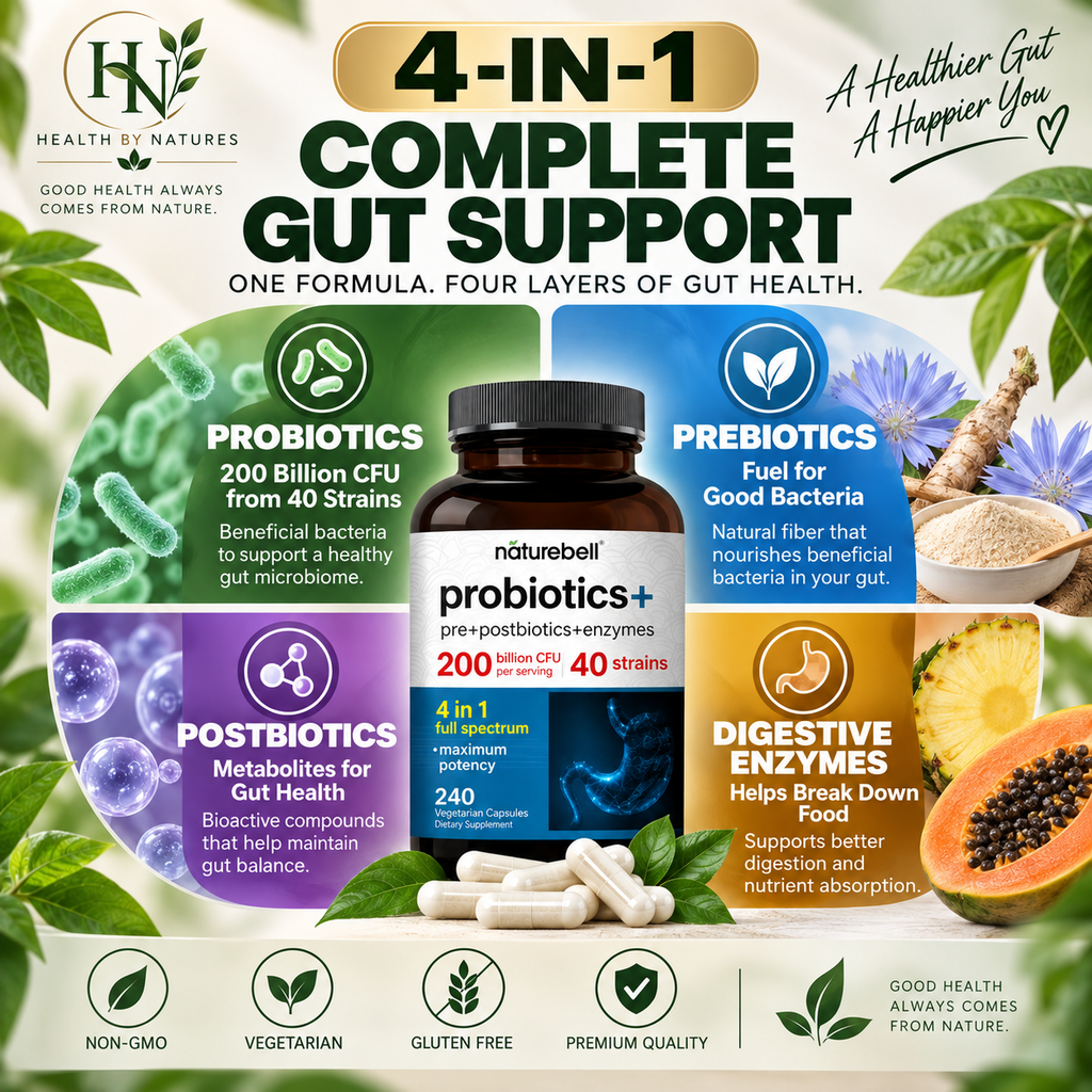 NatureBell Probiotics+ 200 Billion CFU 40 Strains | 240 Vegetarian Capsules | 4-in-1 Probiotic + Prebiotic + Postbiotic + Enzymes