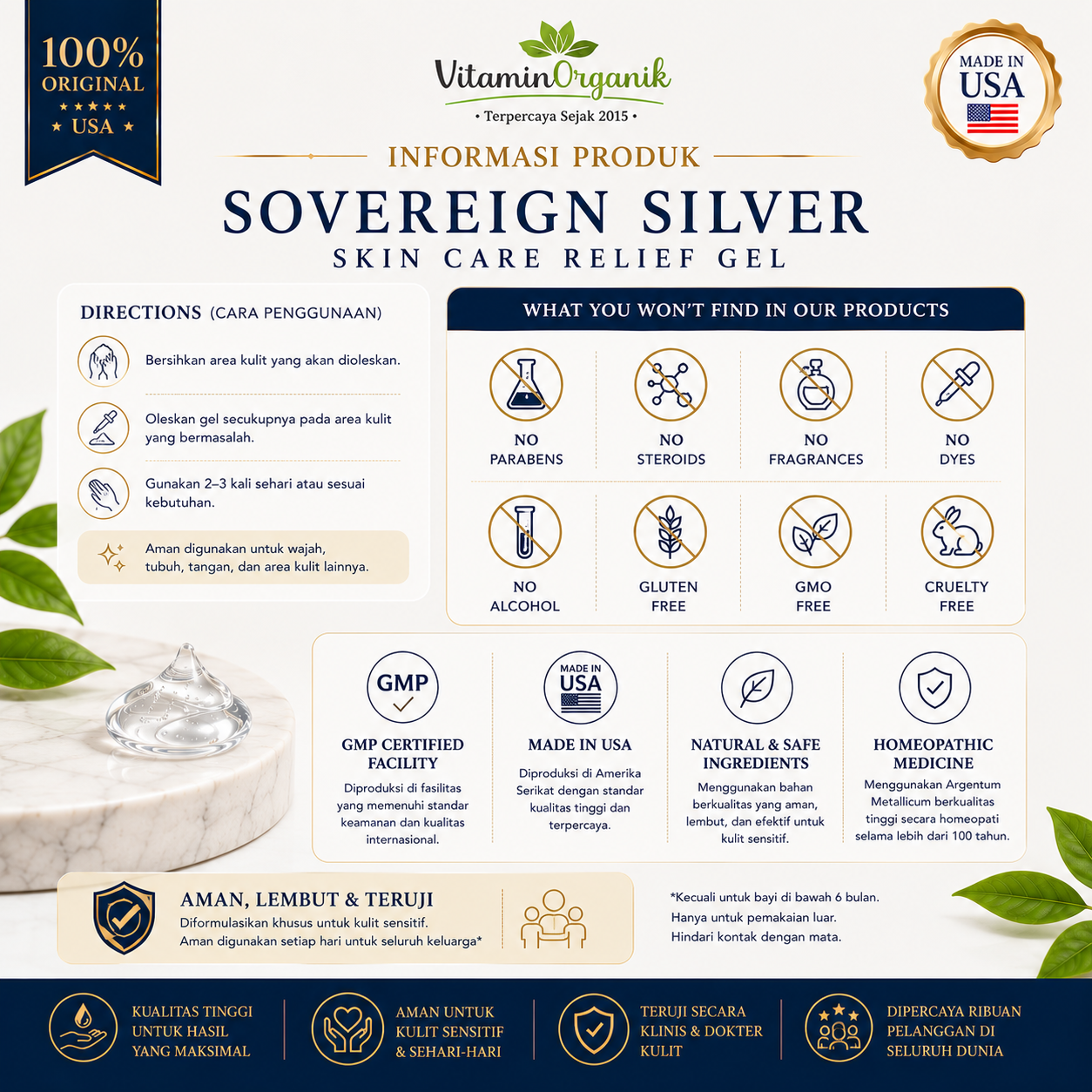 Sovereign Silver Skin Care Relief Gel 59ml Original USA | Gel Colloidal Silver untuk Jerawat Eksim Luka Bakar Sunburn