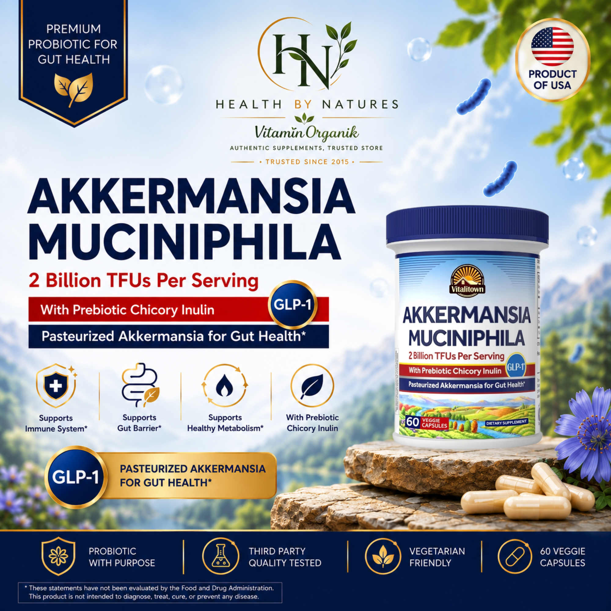 Probiotik probiotic Akkermansia Muciniphila 2 Billion TFUs | Membantu Menjaga Kesehatan Usus dan Keseimbangan Mikrobiota | meningkatkan imun tubuh | Chicory Inulin | 60 Veggie Capsules
