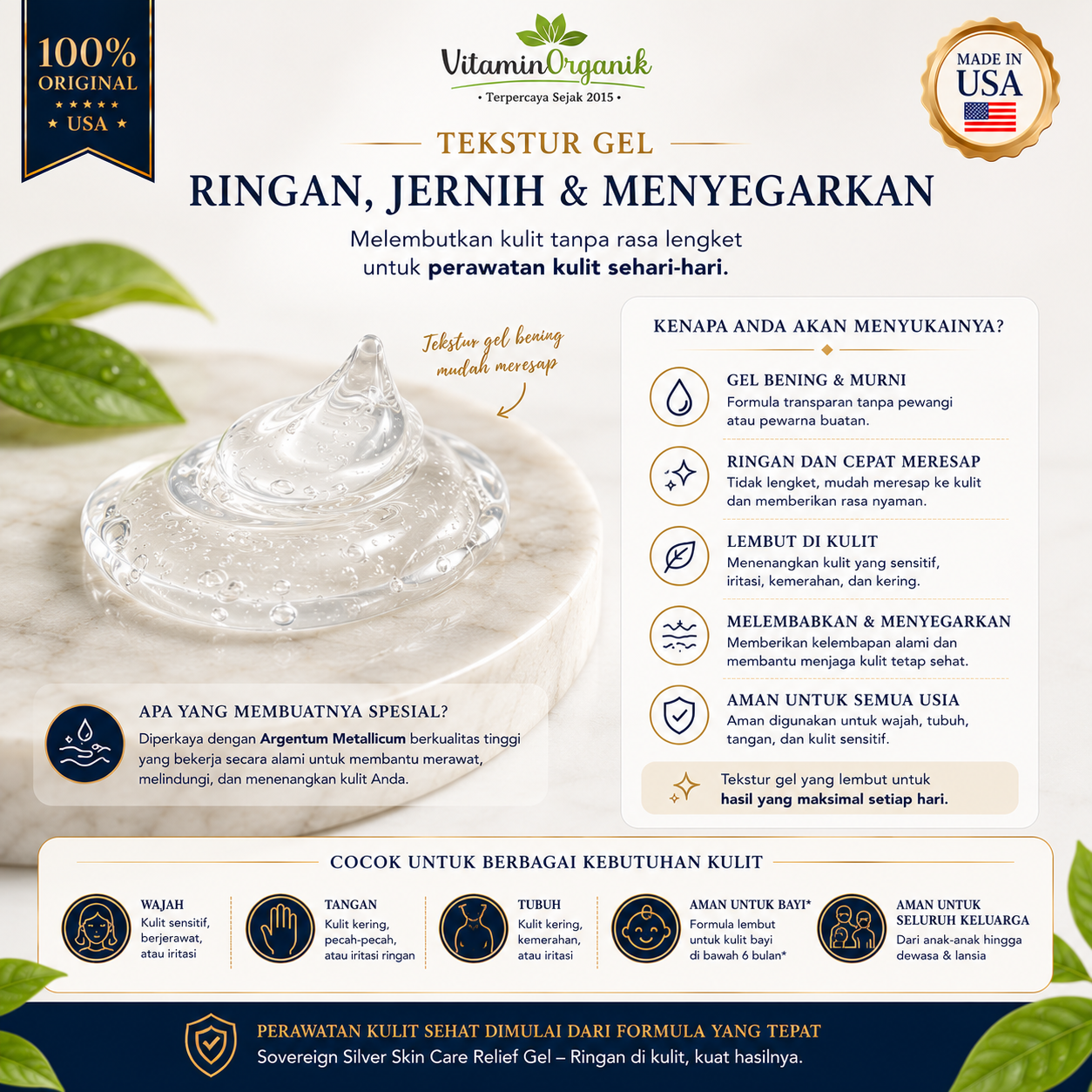Sovereign Silver Skin Care Relief Gel 59ml Original USA | Gel Colloidal Silver untuk Jerawat Eksim Luka Bakar Sunburn