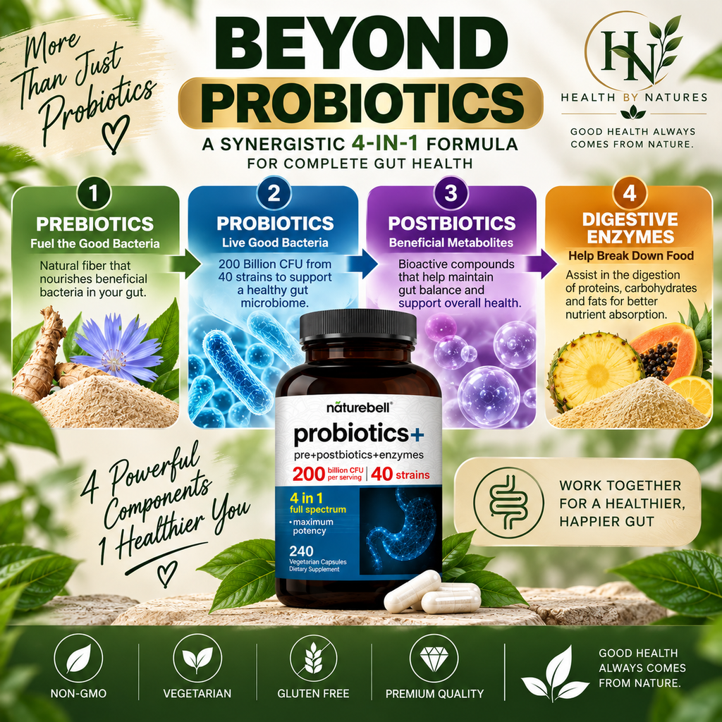 NatureBell Probiotics+ 200 Billion CFU 40 Strains | 240 Vegetarian Capsules | 4-in-1 Probiotic + Prebiotic + Postbiotic + Enzymes