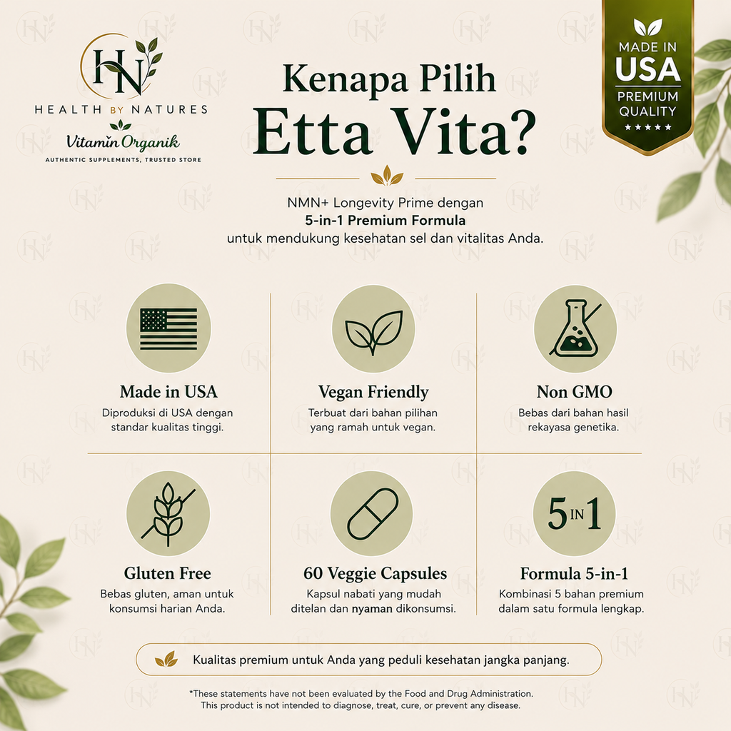 Etta Vita NMN Supplement 5 in 1 Resveratrol Fisetin Astaxanthin Olive Leaf NAD+ Booster Anti Aging 60 Capsules USA Original