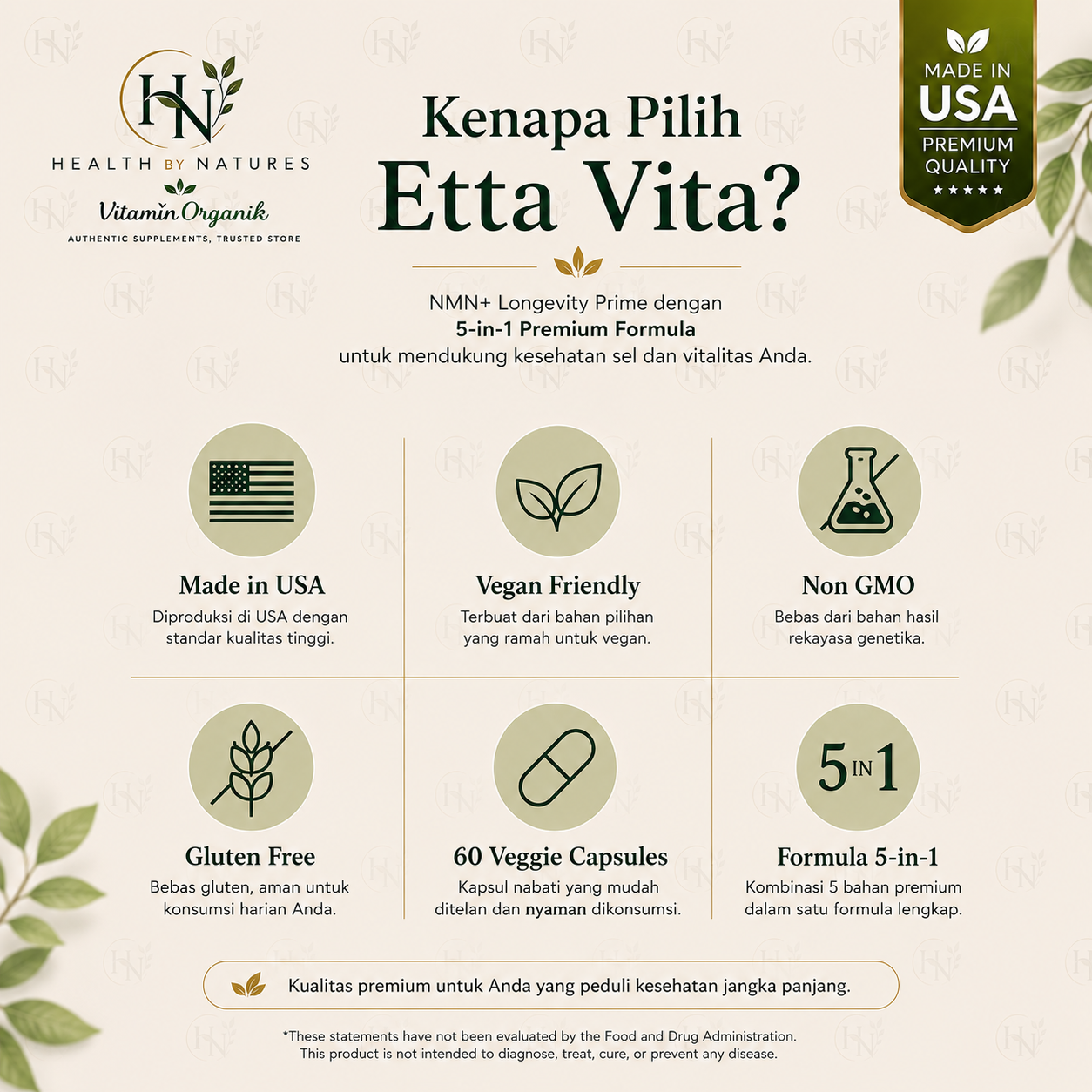 Etta Vita NMN Supplement 5 in 1 Resveratrol Fisetin Astaxanthin Olive Leaf NAD+ Booster Anti Aging 60 Capsules USA Original