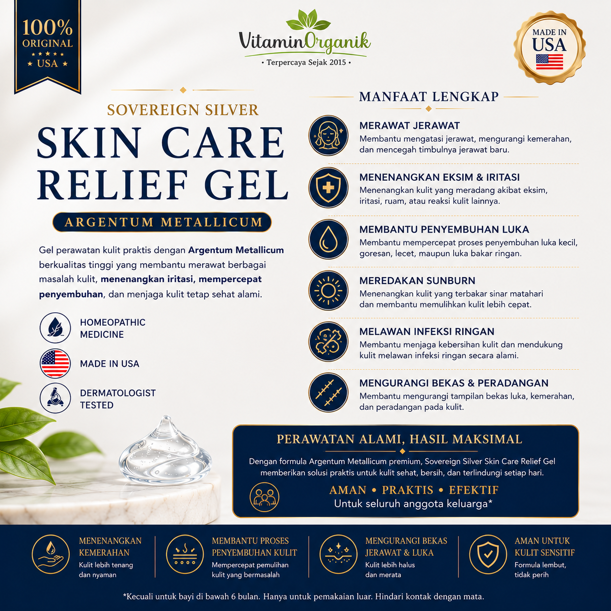 Sovereign Silver Skin Care Relief Gel 59ml Original USA | Gel Colloidal Silver untuk Jerawat Eksim Luka Bakar Sunburn