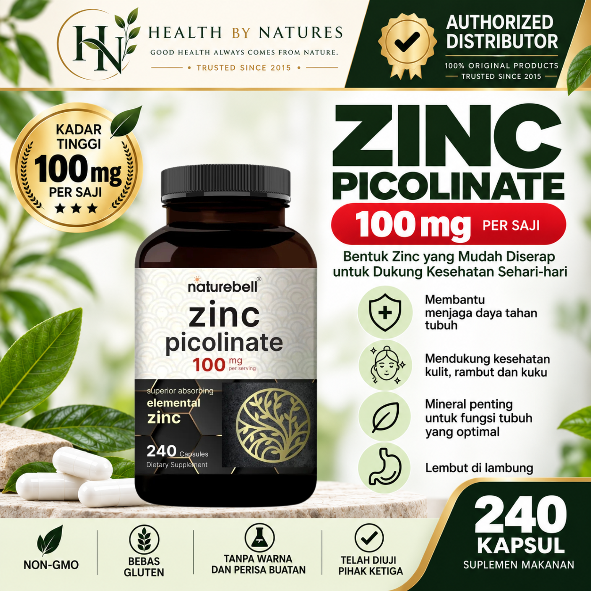 NatureBell Zinc Picolinate 100 mg 240 Capsules Non-GMO Gluten Free