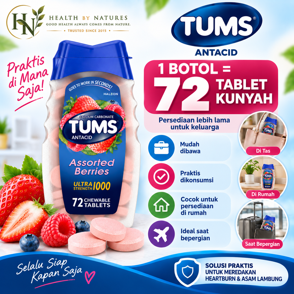 TUMS Antacid Ultra Strength 1000 72 Tablet Kunyah | untuk Heartburn & Asam Lambung