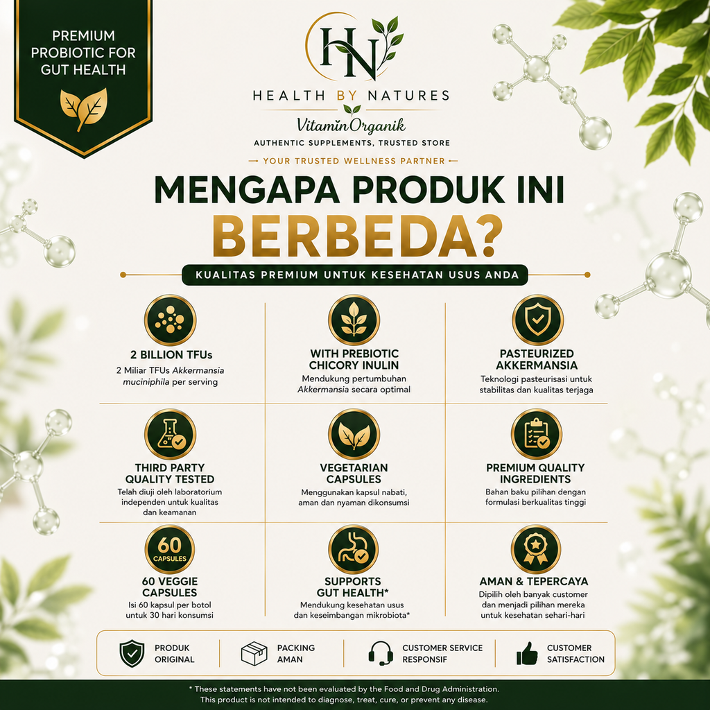 Probiotik probiotic Akkermansia Muciniphila 2 Billion TFUs | Membantu Menjaga Kesehatan Usus dan Keseimbangan Mikrobiota | meningkatkan imun tubuh | Chicory Inulin | 60 Veggie Capsules