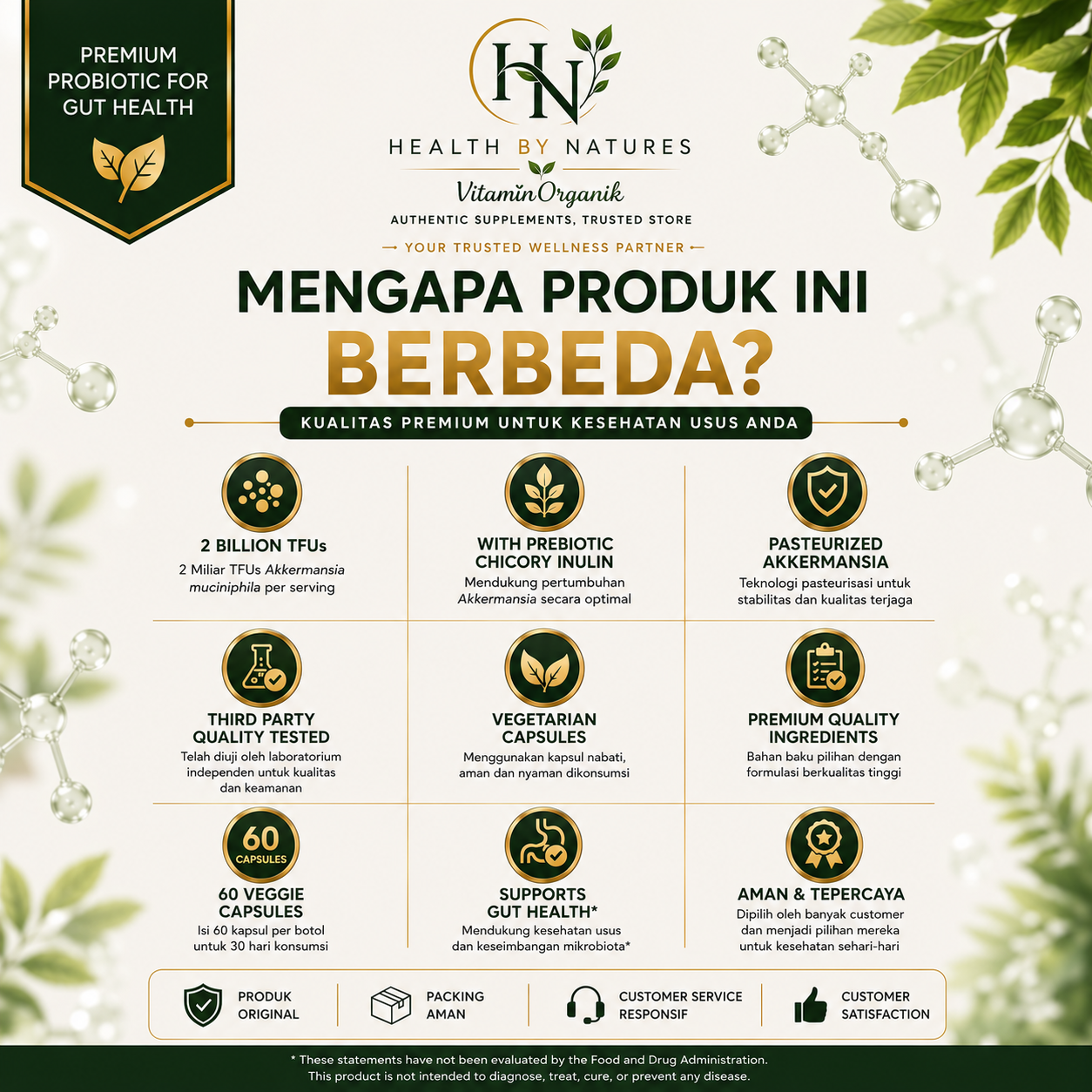 Probiotik probiotic Akkermansia Muciniphila 2 Billion TFUs | Membantu Menjaga Kesehatan Usus dan Keseimbangan Mikrobiota | meningkatkan imun tubuh | Chicory Inulin | 60 Veggie Capsules