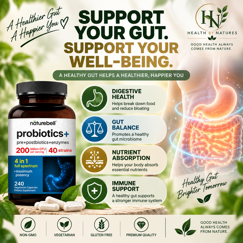 NatureBell Probiotics+ 200 Billion CFU 40 Strains | 240 Vegetarian Capsules | 4-in-1 Probiotic + Prebiotic + Postbiotic + Enzymes