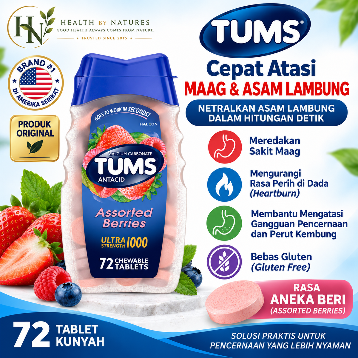 TUMS Antacid Ultra Strength 1000 72 Tablet Kunyah | untuk Heartburn & Asam Lambung