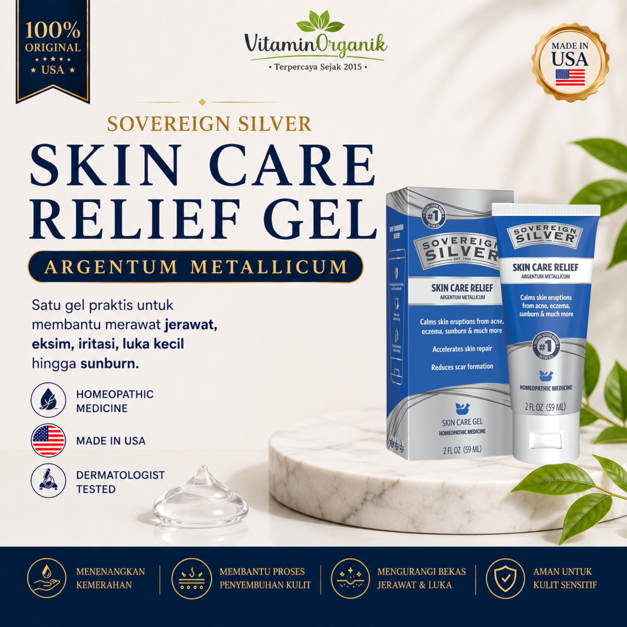 Sovereign Silver Skin Care Relief Gel 59ml Original USA | Gel Colloidal Silver untuk Jerawat Eksim Luka Bakar Sunburn