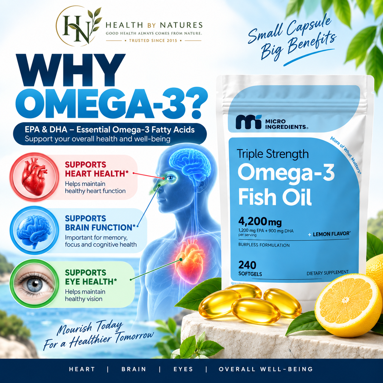Micro Ingredients Omega-3 Fish Oil Triple Strength 4.200mg | EPA 1.200mg + DHA 900mg | 240 Softgels Lemon Flavored