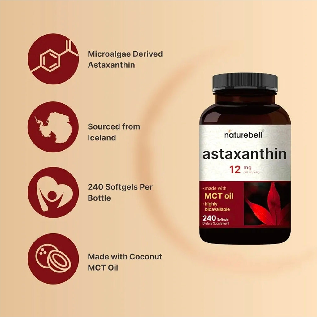 NatureBell Astaxanthin 12mg 240 Softgels Original USA + Astax (Max Strength from MicroAlgae)