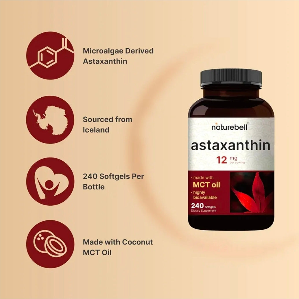 NatureBell Astaxanthin 12mg 240 Softgels Original USA + Astax (Max Strength from MicroAlgae)