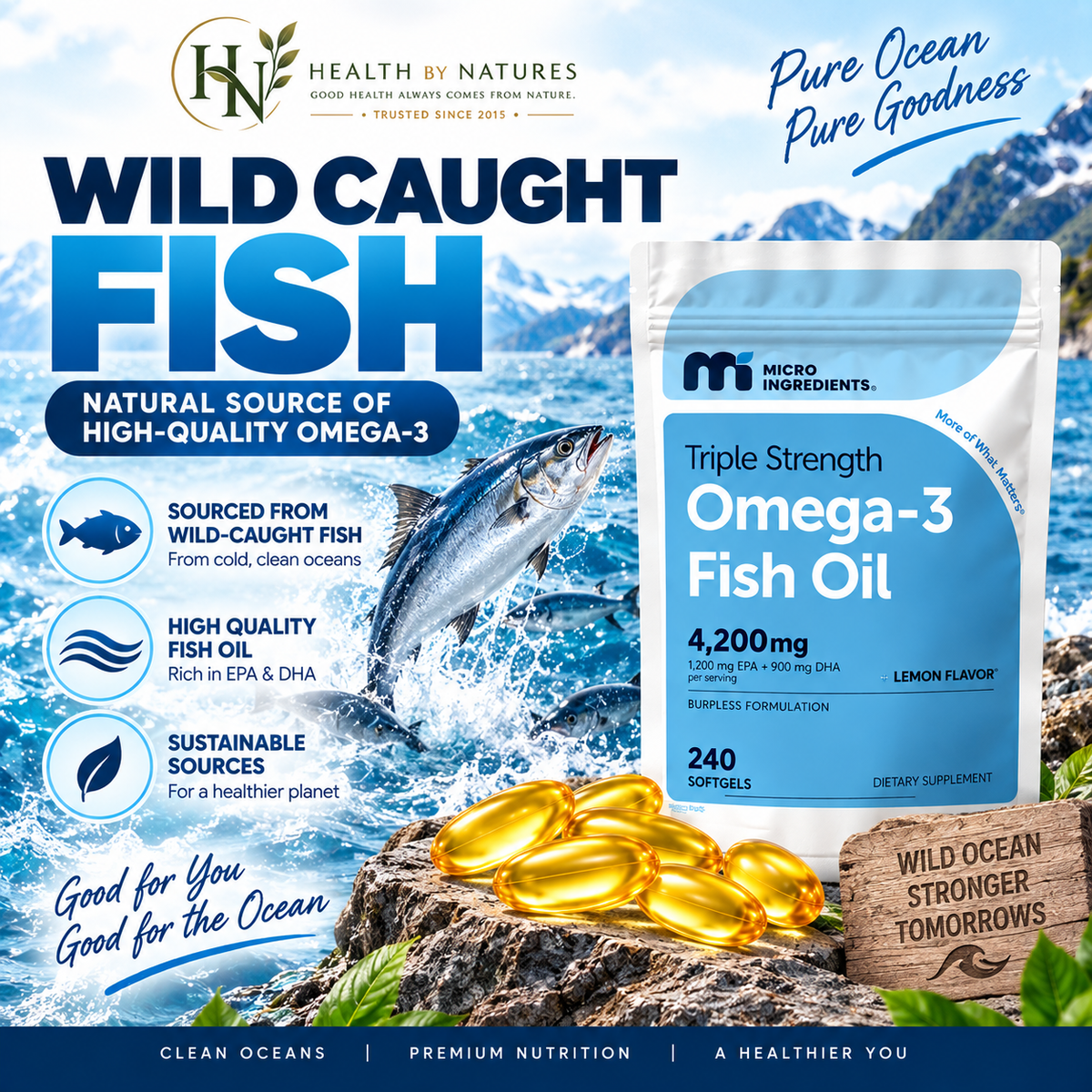Micro Ingredients Omega-3 Fish Oil Triple Strength 4.200mg | EPA 1.200mg + DHA 900mg | 240 Softgels Lemon Flavored