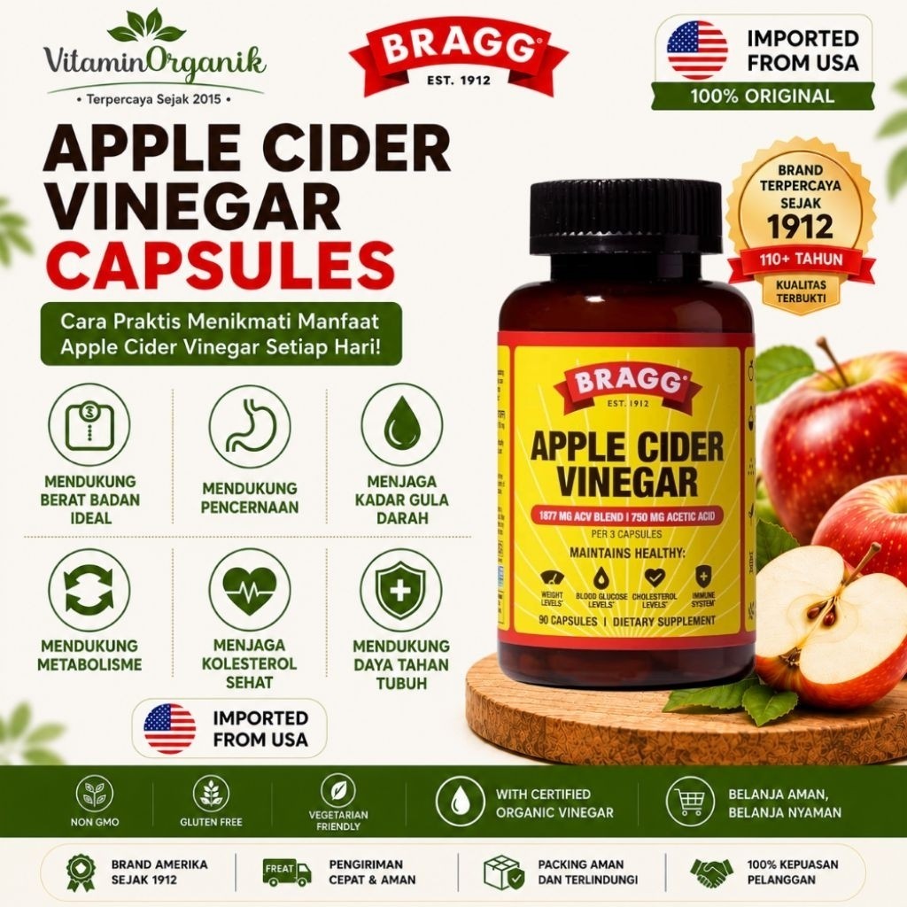 Bragg Apple Cider Vinegar Capsule 90 Kapsul Original USA | ACV Capsule | Diet | Gula Darah | Kolesterol | Pencernaan | Metabolisme