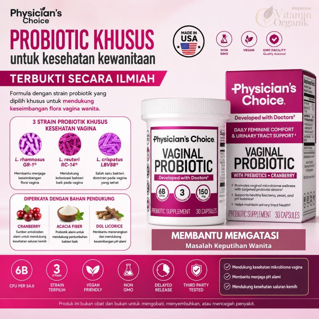 Physician's Choice Vaginal Probiotic /  Probiotik Kewanitaan untuk Keputihan Original USA + Strain GR-1 RC-14 L. crispatus + Cranberry 30 Kapsul