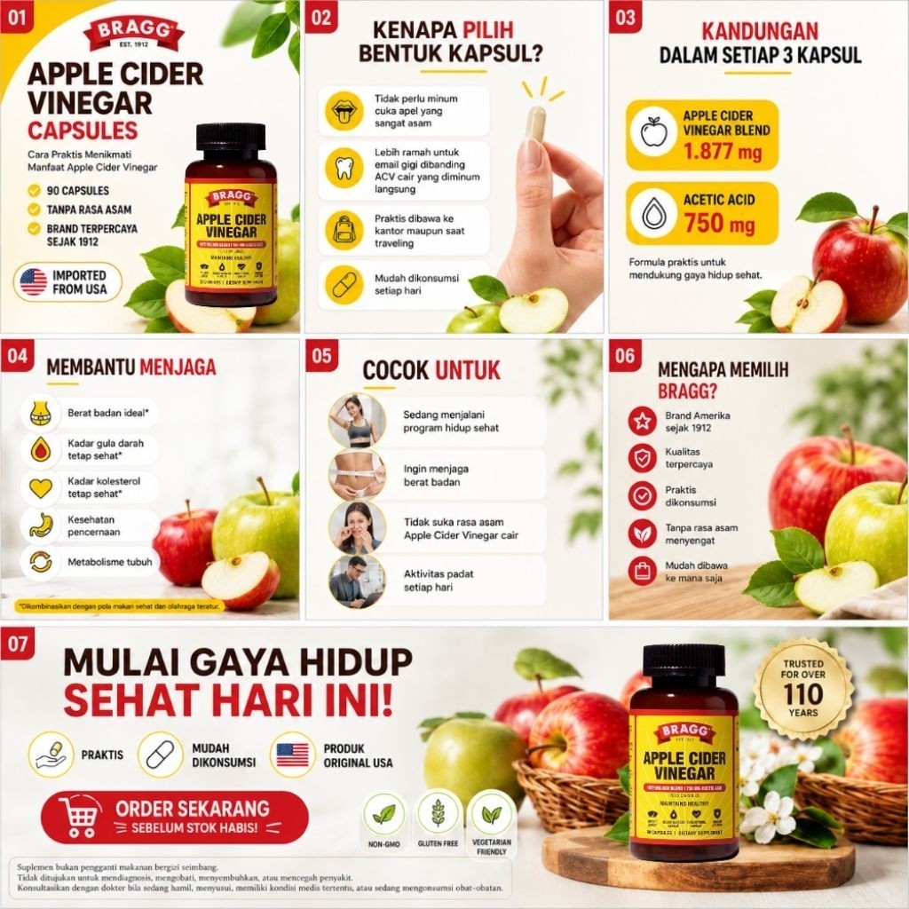 Bragg Apple Cider Vinegar Capsule 90 Kapsul Original USA | ACV Capsule | Diet | Gula Darah | Kolesterol | Pencernaan | Metabolisme