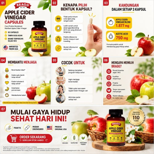 Bragg Apple Cider Vinegar Capsule 90 Kapsul Original USA | ACV Capsule | Diet | Gula Darah | Kolesterol | Pencernaan | Metabolisme